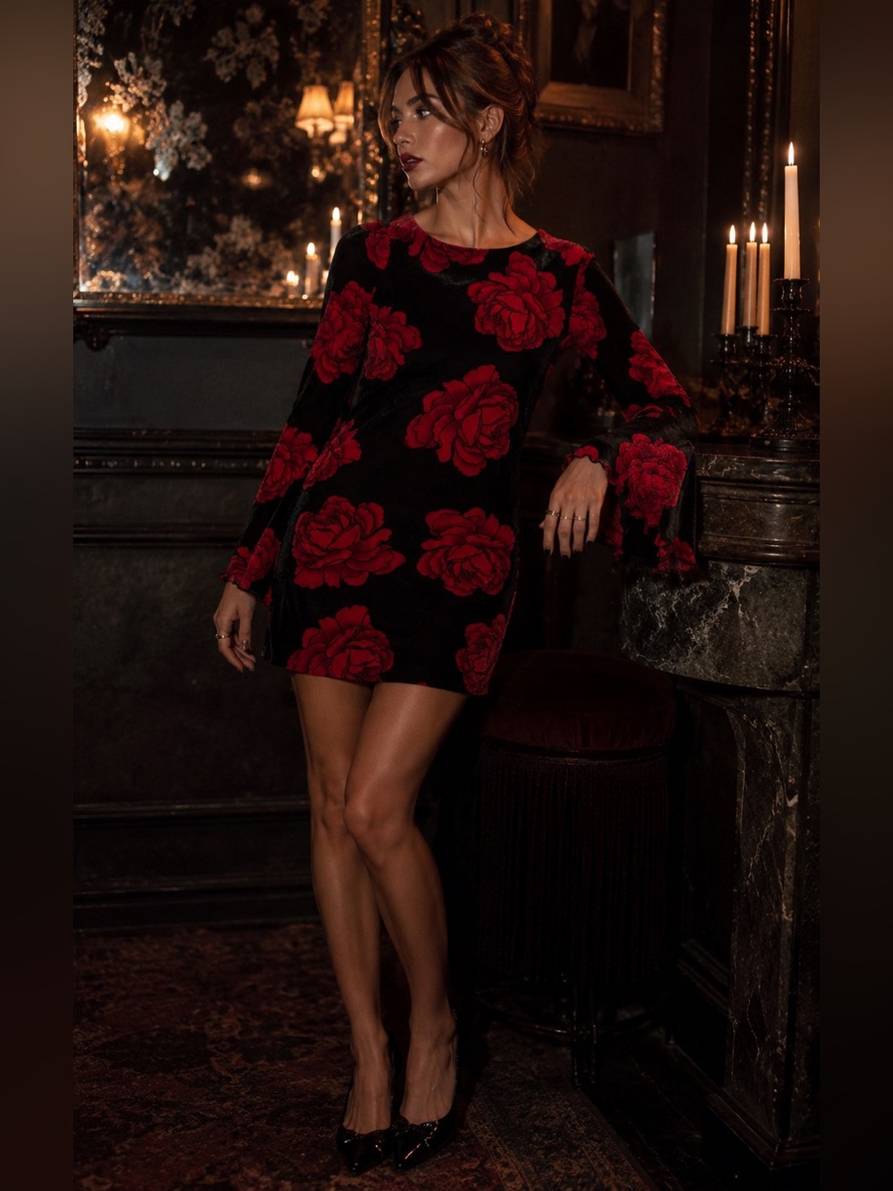 Thirty Thirty LA Black Red Rose Velvet Mesh Bell Sleeve Mini Dress L